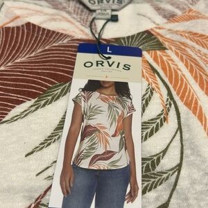 Orvis Orange and Green Cap Sleeve Boxy Linen Blouse S, M, L NWT